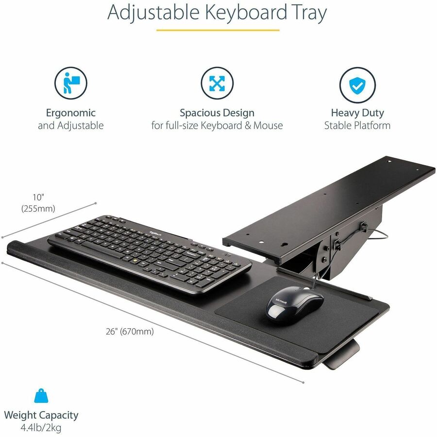 StarTech.com Under Desk Keyboard Tray, Height Adjustable Keyboard and Mouse Tray (10" x 26"), Ergonomic Computer Keyboard Tray w/Mouse Pad - Image 2