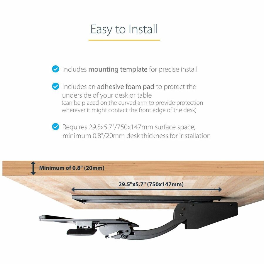 StarTech.com Under Desk Keyboard Tray, Height Adjustable Keyboard and Mouse Tray (10" x 26"), Ergonomic Computer Keyboard Tray w/Mouse Pad - Image 6