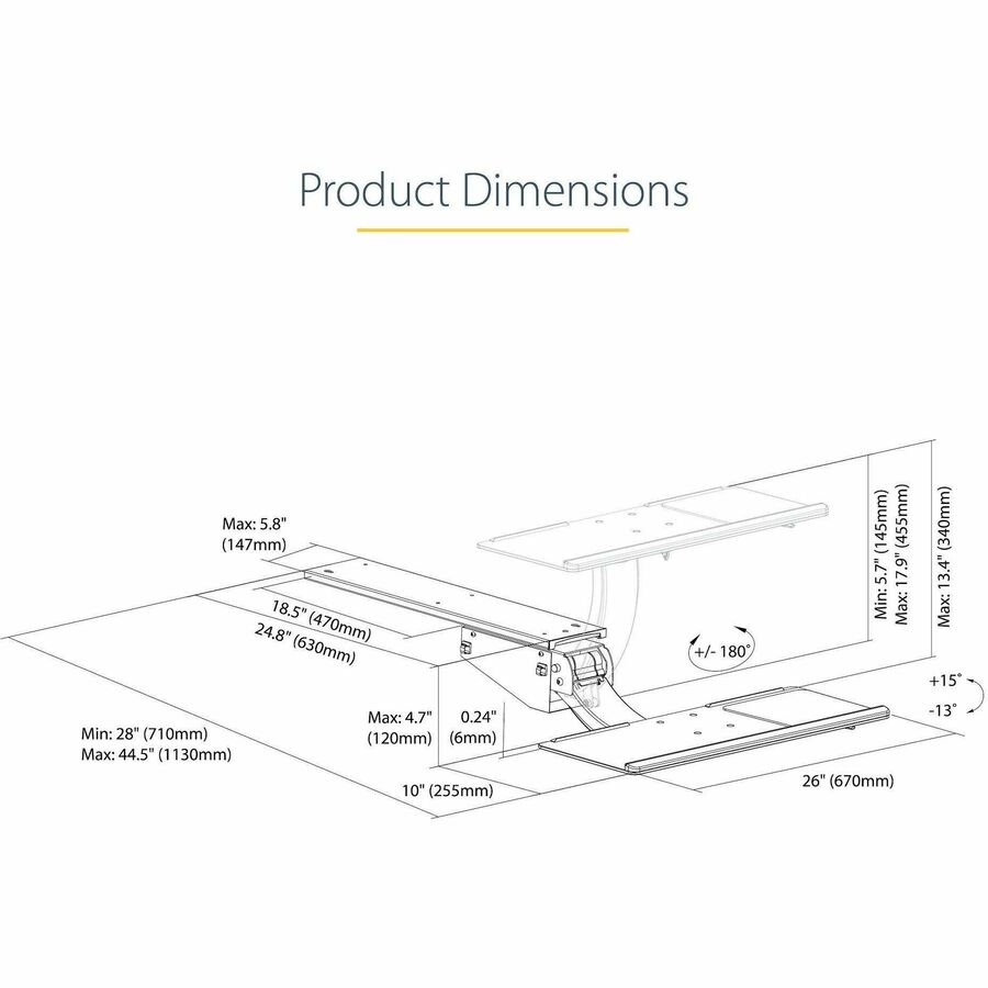 StarTech.com Under Desk Keyboard Tray, Height Adjustable Keyboard and Mouse Tray (10" x 26"), Ergonomic Computer Keyboard Tray w/Mouse Pad - Image 8