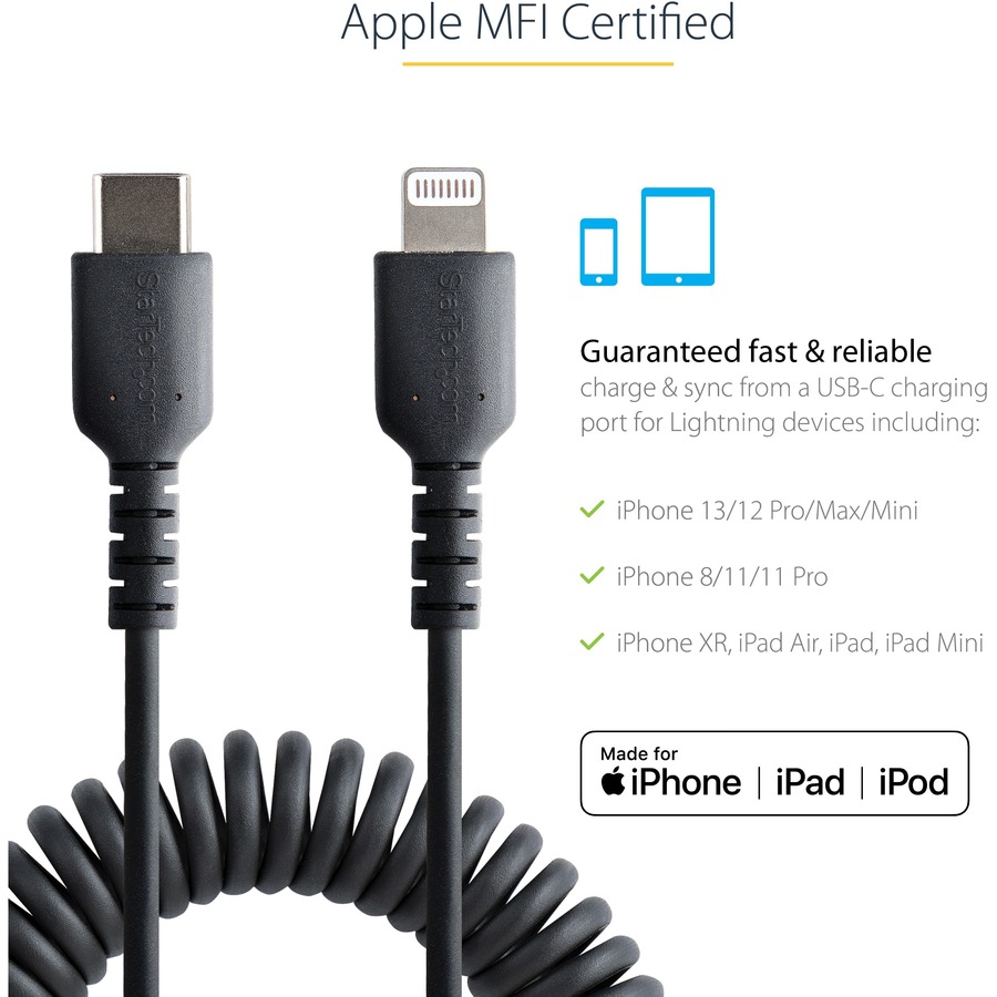 StarTech.com 1m (3ft) USB C to Lightning Cable, MFi Certified, Coiled iPhone Charger Cable, Black, Durable TPE Jacket Aramid Fiber - Image 6