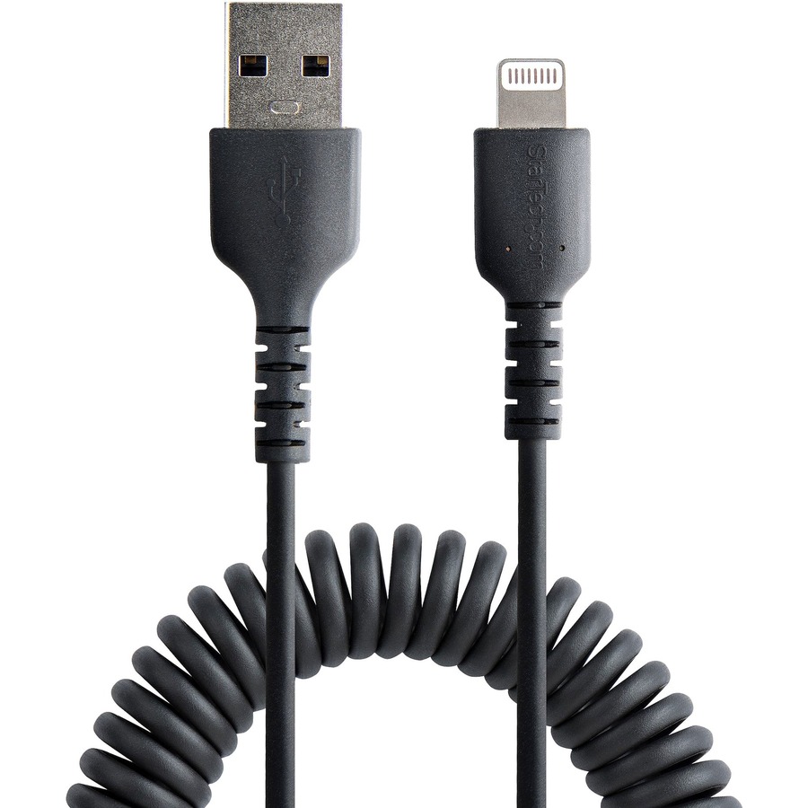 StarTech.com 1m (3ft) USB to Lightning Cable, MFi Certified, Coiled iPhone Charger Cable, Black, Durable TPE Jacket Aramid Fiber - Image 3