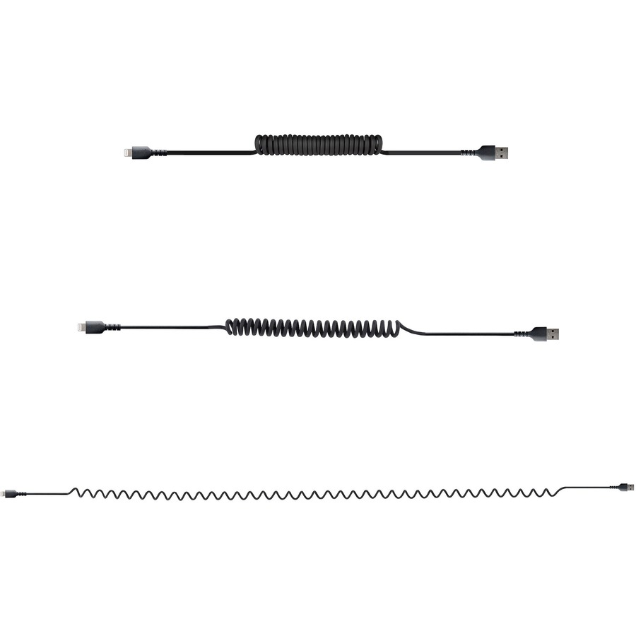 StarTech.com 1m (3ft) USB to Lightning Cable, MFi Certified, Coiled iPhone Charger Cable, Black, Durable TPE Jacket Aramid Fiber - Image 4