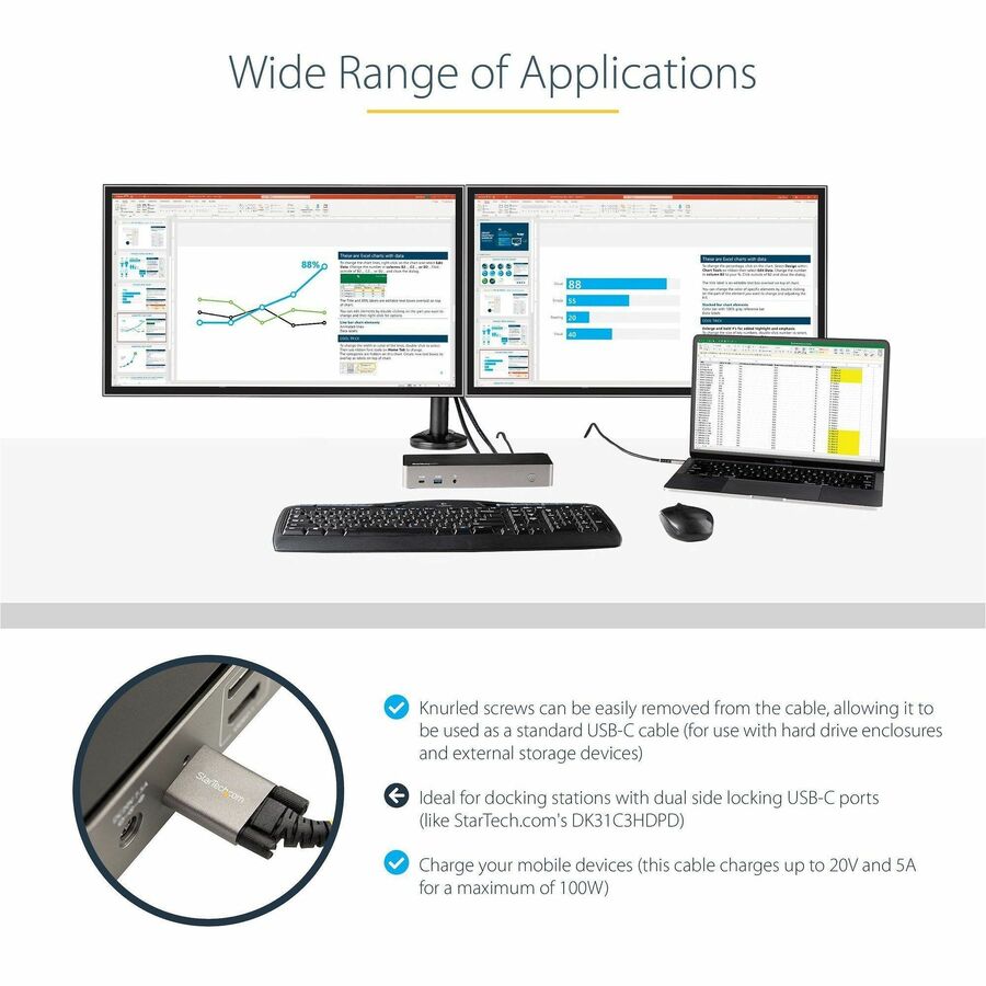 StarTech.com 20" 50cm Side Screw Locking USB C Cable 10Gbps, USB 3.1 Type-C Cable, 5A/100W PD, DP Alt Mode, Dual Screw Lock USB-C Cord - Image 6