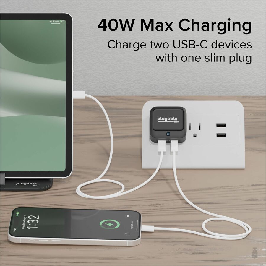 Plugable Dual USB C Wall Charger, 40W Foldable 2-Port Flat USB C Fast Charger Block - Image 2