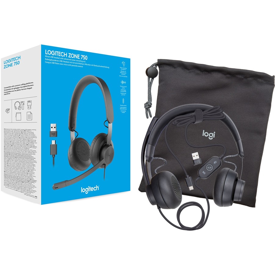 Logitech Zone 750 Wired On-Ear Headset with advanced noise-canceling microphone, simple USB-C and included USB-A adapter, plug-and-play compatibility for all devices - Image 3