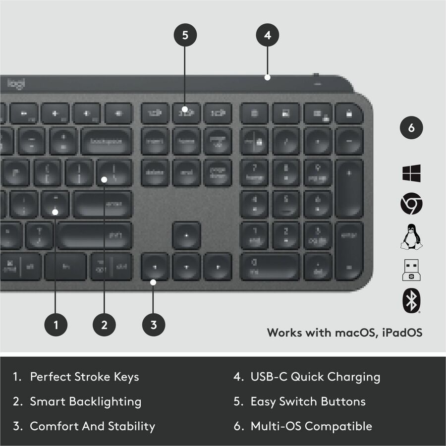 Logitech MX Keys Wireless Illuminated Keyboard for Business, Quiet Perfect-Stroke Keys, Logi Bolt Technology - Graphite - Image 6