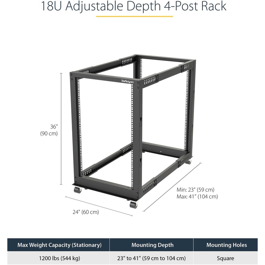 StarTech.com 4-Post 18U Mobile Open Frame Server Rack, 19" Network Rack with Casters, Rolling Rack for Computer/AV/Data/IT Equipment - Image 4