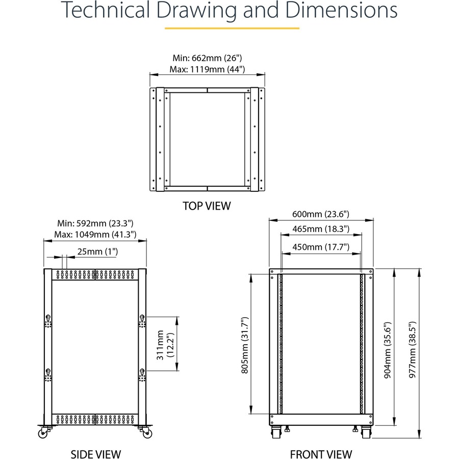 StarTech.com 4-Post 18U Mobile Open Frame Server Rack, 19" Network Rack with Casters, Rolling Rack for Computer/AV/Data/IT Equipment - Image 6