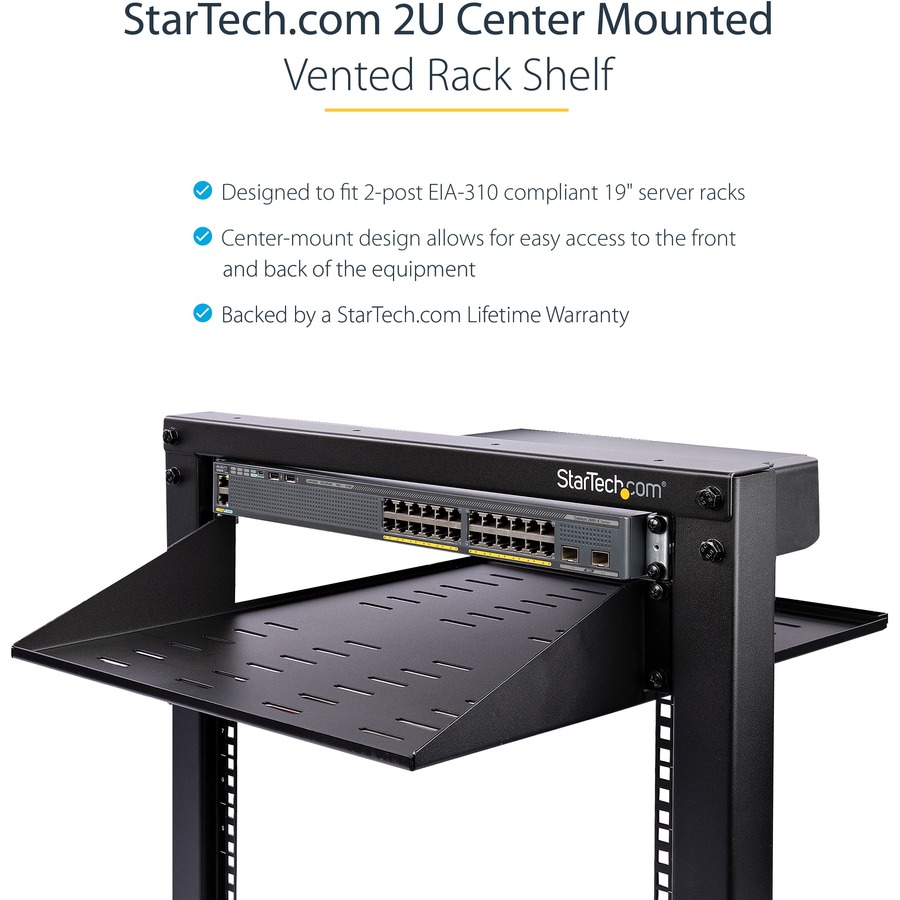 StarTech.com 2U Vented Server Rack Shelf - Center Mount Fixed 14" Deep Cantilever Rackmount Tray for 19" Data/AV/Network w/Cage Nuts - Image 6