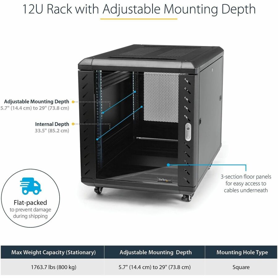 StarTech.com 12U 36in Knock-Down Server Rack Cabinet with Casters - Image 2