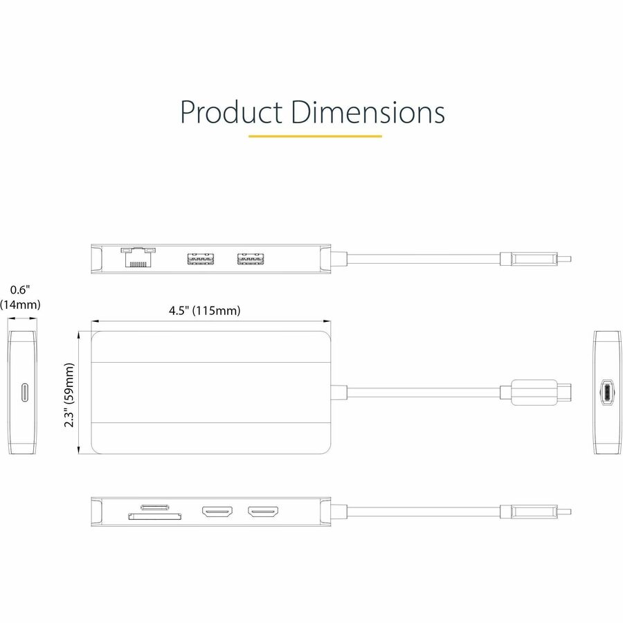 StarTech.com USB C Multiport Adapter, Dual HDMI, 4K 60Hz, 2x 5Gbps USB-A Hub, 100W Power Delivery, GbE, SD/MicroSD, USB C Mini Dock - Image 2