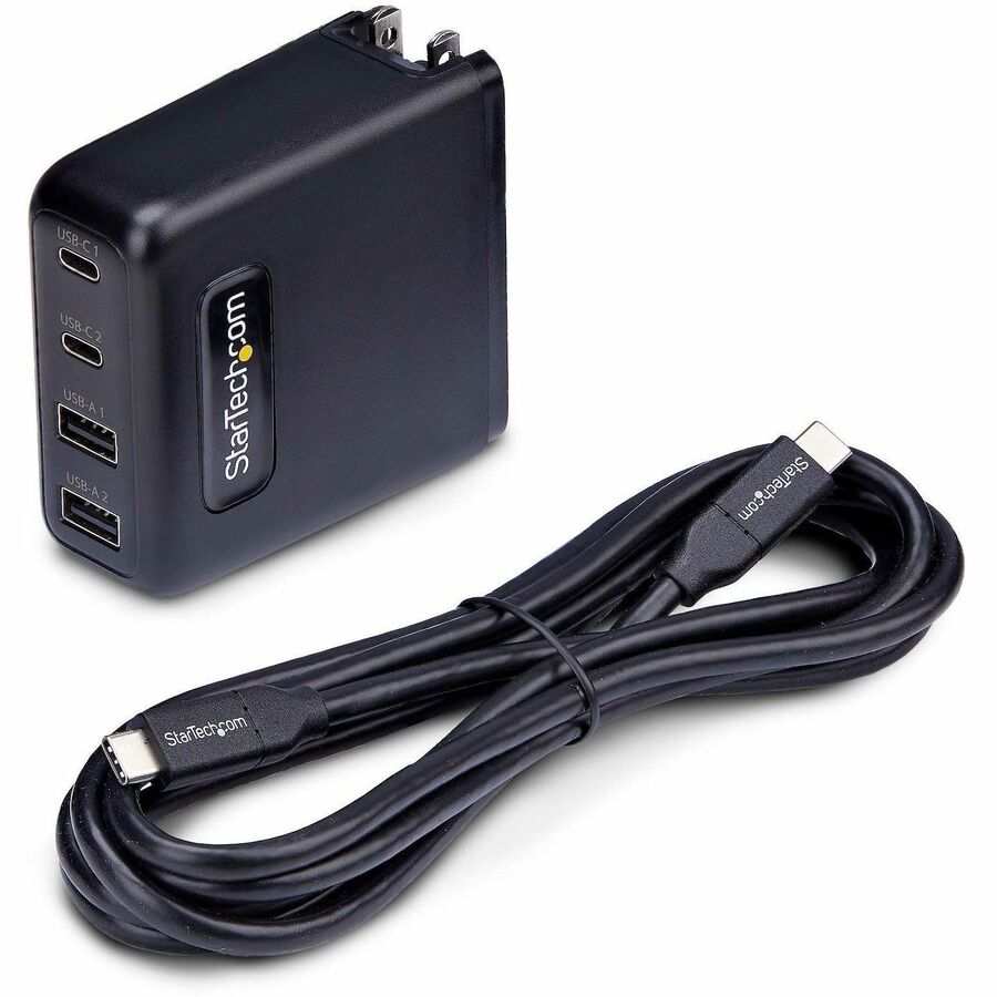 StarTech.com 100W USB-C Wall Charger, 2x USB-C, 2x USB-A, Fast Charging Portable GaN Power Adapter, PD 3.0, 6ft/1.8m USB-C to USB-C Cable - Image 10