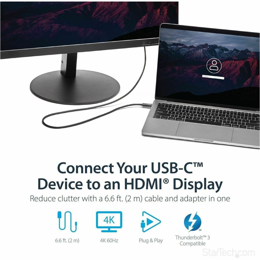 StarTech.com 6ft (2m) USB C to HDMI Cable - 4K 60Hz USB Type C DP Alt Mode to HDMI 2.0 Video Display Adapter Cable - Works w/Thunderbolt 3 - Image 2
