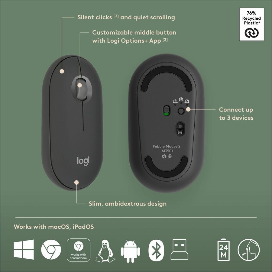 Logitech Pebble 2 Combo, Wireless Keyboard and Mouse, Quiet and Portable, Customizable, Logi Bolt, Tonal Graphite - Image 7