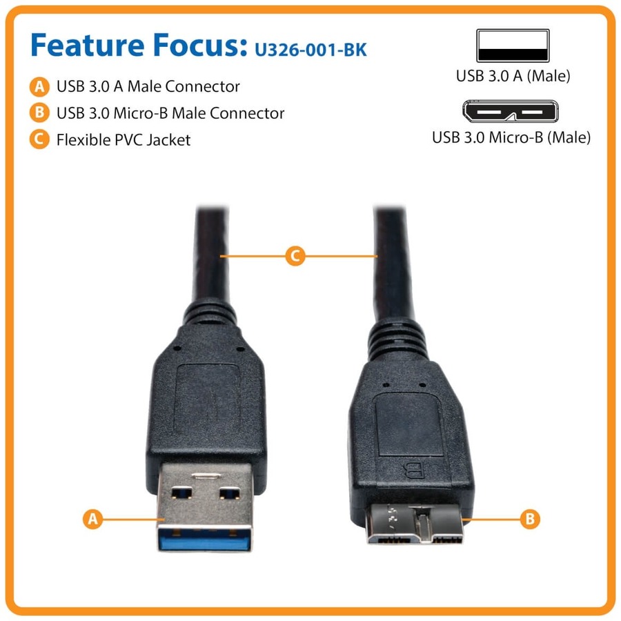 Eaton Tripp Lite Series USB 3.0 SuperSpeed Device Cable (A to Micro-B M/M) Black, 1 ft. (0.31 m) - Image 2