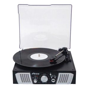 Victor VHRP-1100-BK 2-Watt Lakeshore 3-Speed Belt-Drive Manual Retro Turntable with Built-in Speakers, Bluetooth In/Out, USB/Aux, and 45 RPM Adapter, VHRP-1100