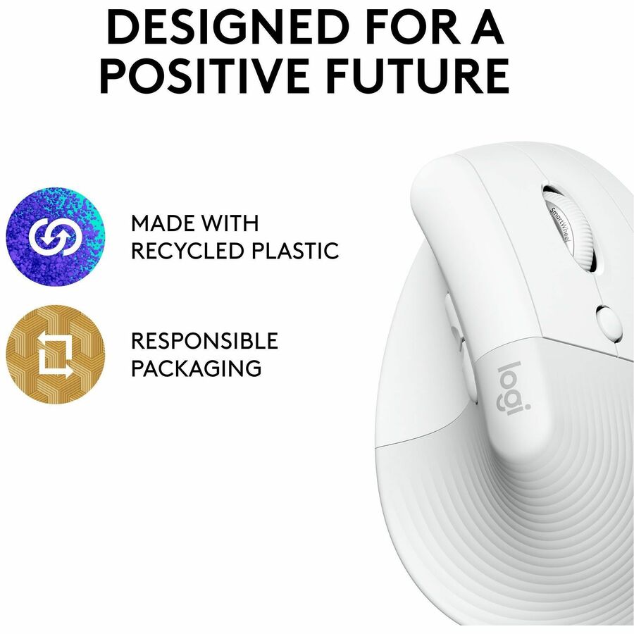 Logitech Lift Vertical Ergonomic Mouse, Wireless, Bluetooth or Logi Bolt USB receiver, Quiet clicks, 4 buttons, Off-white - Image 5