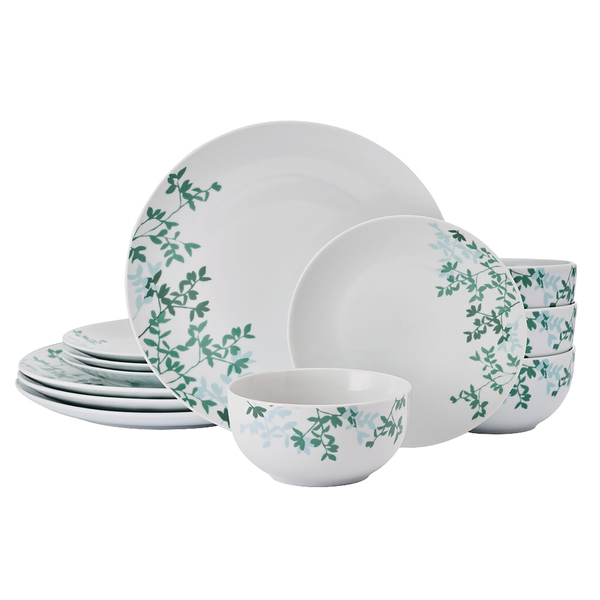 Studio Nova 5323489 12-Piece Porcelain Dinnerware Set, Gray Moonlit Leaves Pattern