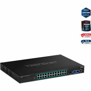 TRENDnet 26-Port Industrial Gigabit L2 Managed PoE+ Switch, TI-RP262i, 1U 19" Rackmount, 24 x Gigabit PoE+ Ports, 2 x SFP Slots (100/1000Base-FX), IP30, VLAN, QoS, 685W PoE Power Budget, Fanless