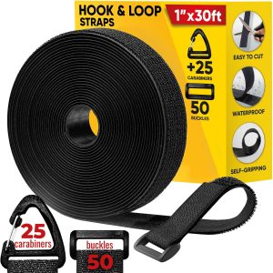 Hook and Loop Cable Straps with 50 Bucklets and 25 Carabineres Reusable Fastening Cable Ties Wire Management Securing Strap for Cable Tidy Wire Management Multi Purpose Cord Organizer (Black)