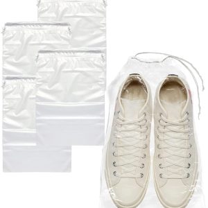 PUREVACY Clear Drawstring Bags 12  x 16.5  Pack of 100 Travel Shoe Bags for Packing Shipping Storage 2 mil Waterproof Clear Plastic Bag with Double Cotton Drawstrings Odorless Shoe Dust Bags