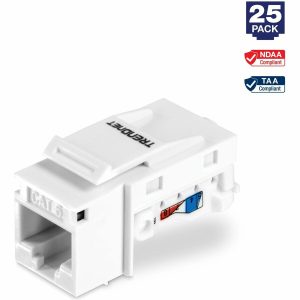 TRENDnet Cat6 Keystone Jack, 25-Pack Bundle, 90&deg; Angle Termination, Compatible With Cat5, Cat5e, Cat6 Cabling, Color-Coded Labeling, Gold-Plated Contacts, Tool-less Design, White, TC-K25C6