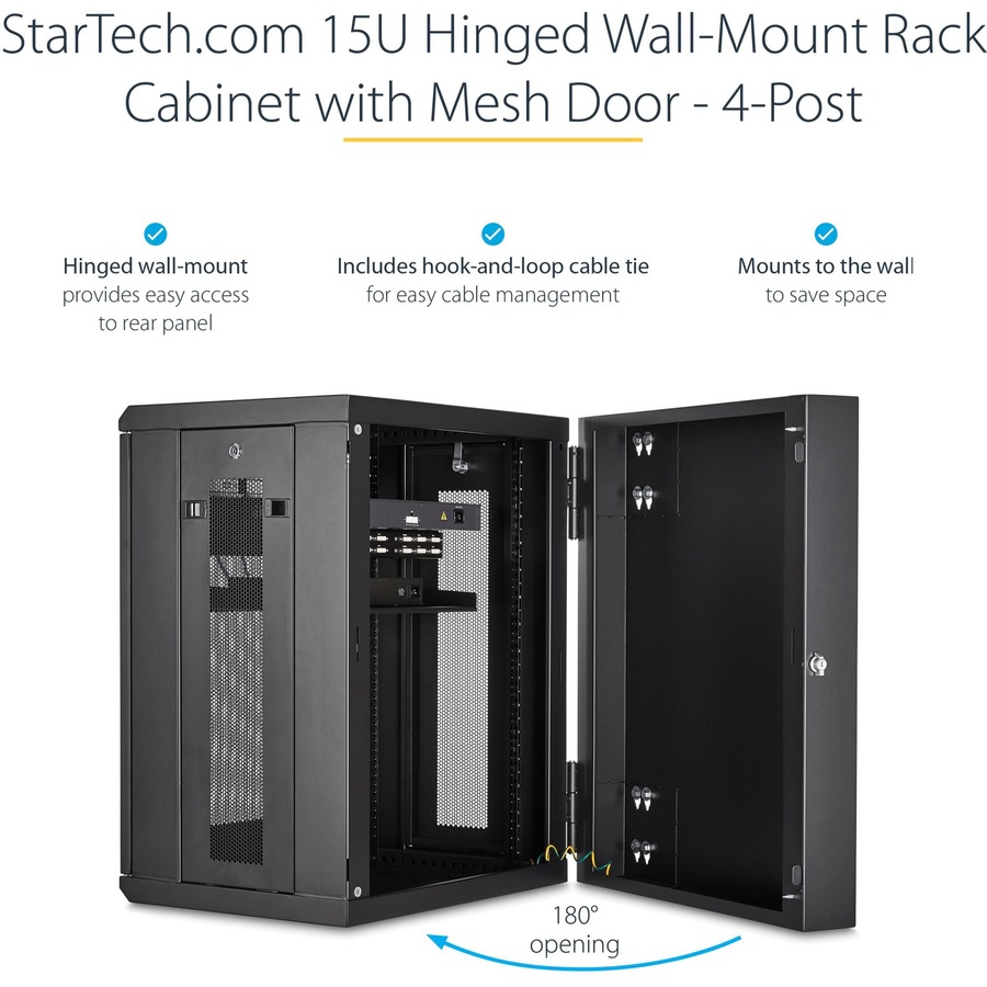 StarTech.com 4-Post 15U Wall Mount Network Cabinet, 19" Hinged Wall-Mounted Server Rack for Data / IT Equipment, Lockable Rack Enclosure - Image 7