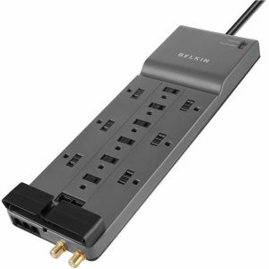 Belkin 12-Outlet Surge Protector - 8ft Cord - Right Angle Plug - 4120J - Telephone, Coaxial Protection - Grey (3-pack)