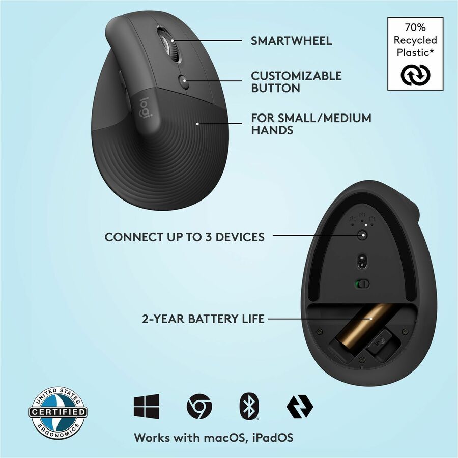 Logitech Lift Vertical Ergonomic Mouse, Wireless, Bluetooth or Logi Bolt USB receiver, Quiet clicks, 4 buttons, Graphite - Image 6