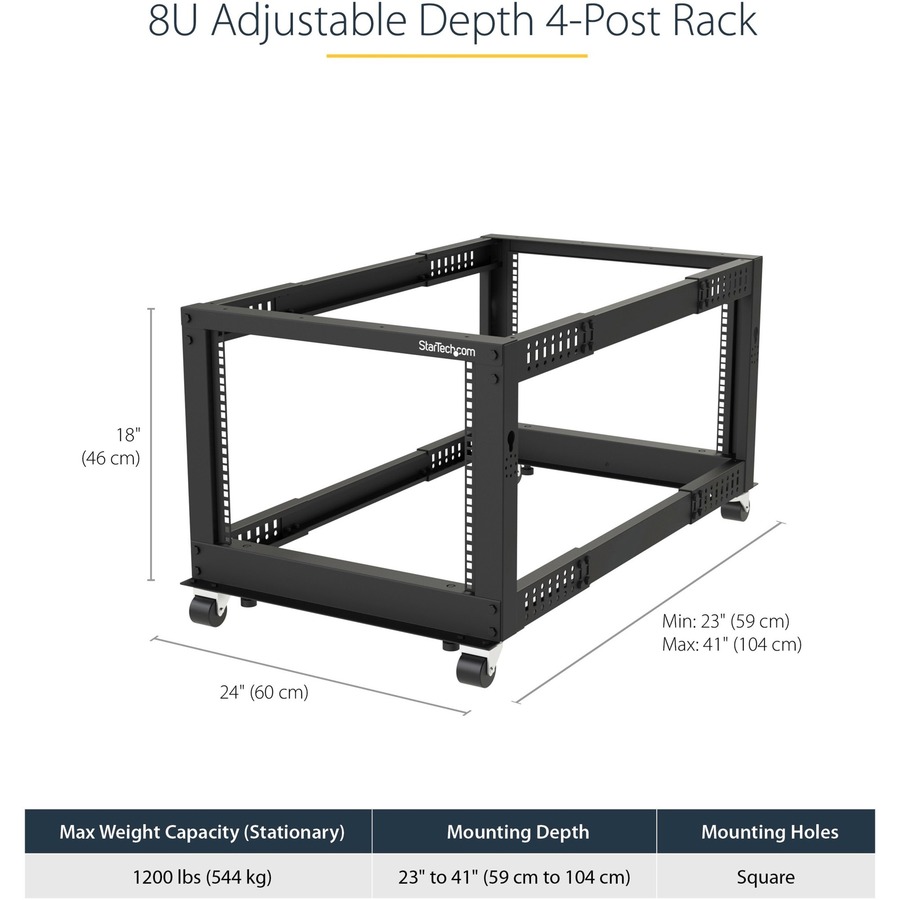 StarTech.com 4-Post 8U Mobile Open Frame Server Rack, 19in Network Rack with Casters, Small Rolling Rack for Computer/AV/Data/IT Equipment - Image 7