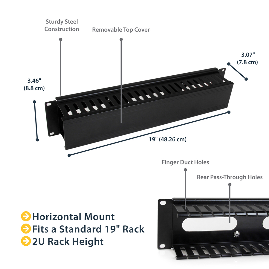 StarTech.com 2U Horizontal Finger Duct Rack Cable Management Panel with Cover - Image 5