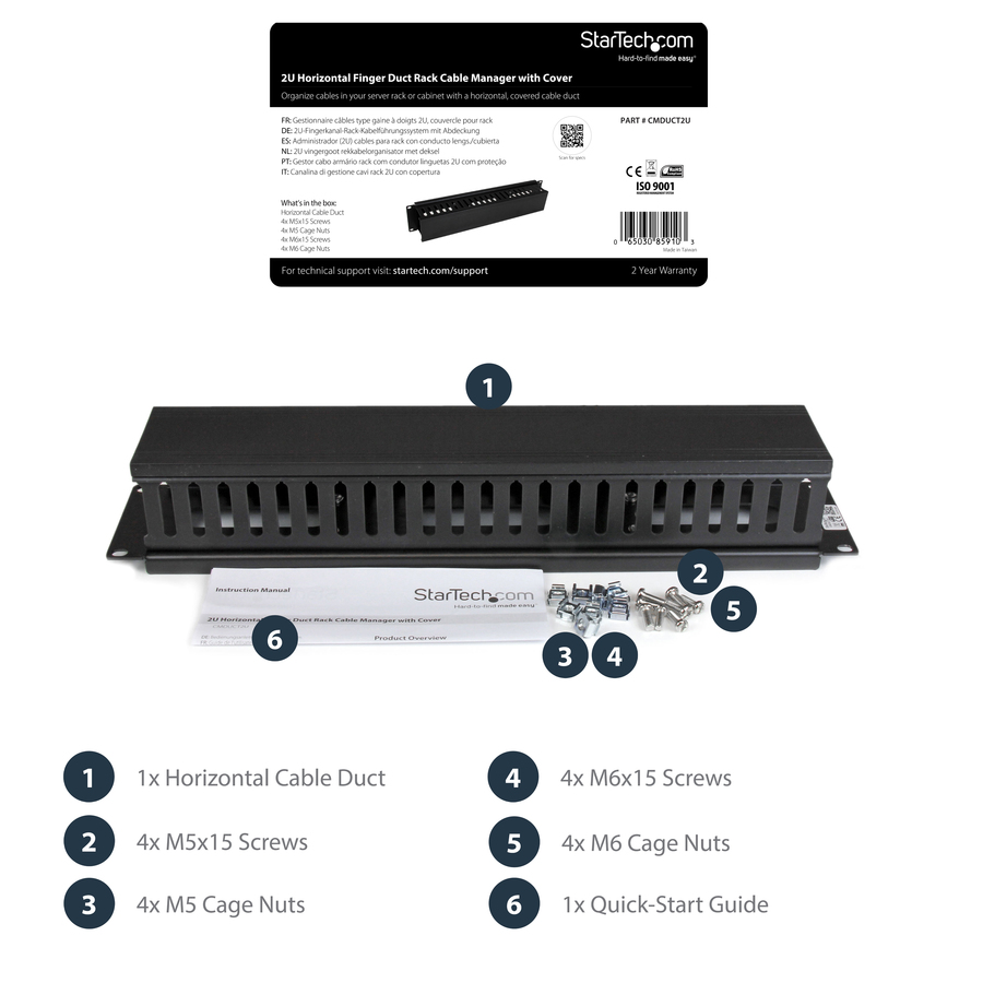 StarTech.com 2U Horizontal Finger Duct Rack Cable Management Panel with Cover - Image 8