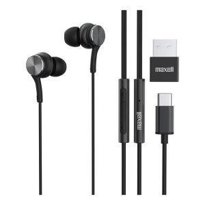 Maxell 197299 Fusion X Wiews In-Ear Earbuds with In-Line Mic/Remote, USB-C Connector, and USB-A Adapter