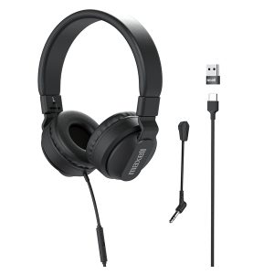 Maxell 197304 Wired Folding Over-Ear Headphones with Detachable Boom Mic, In-Line Mic, and USB-C Connector with USB-A Adapter, DAC Chipset, HPBMT1
