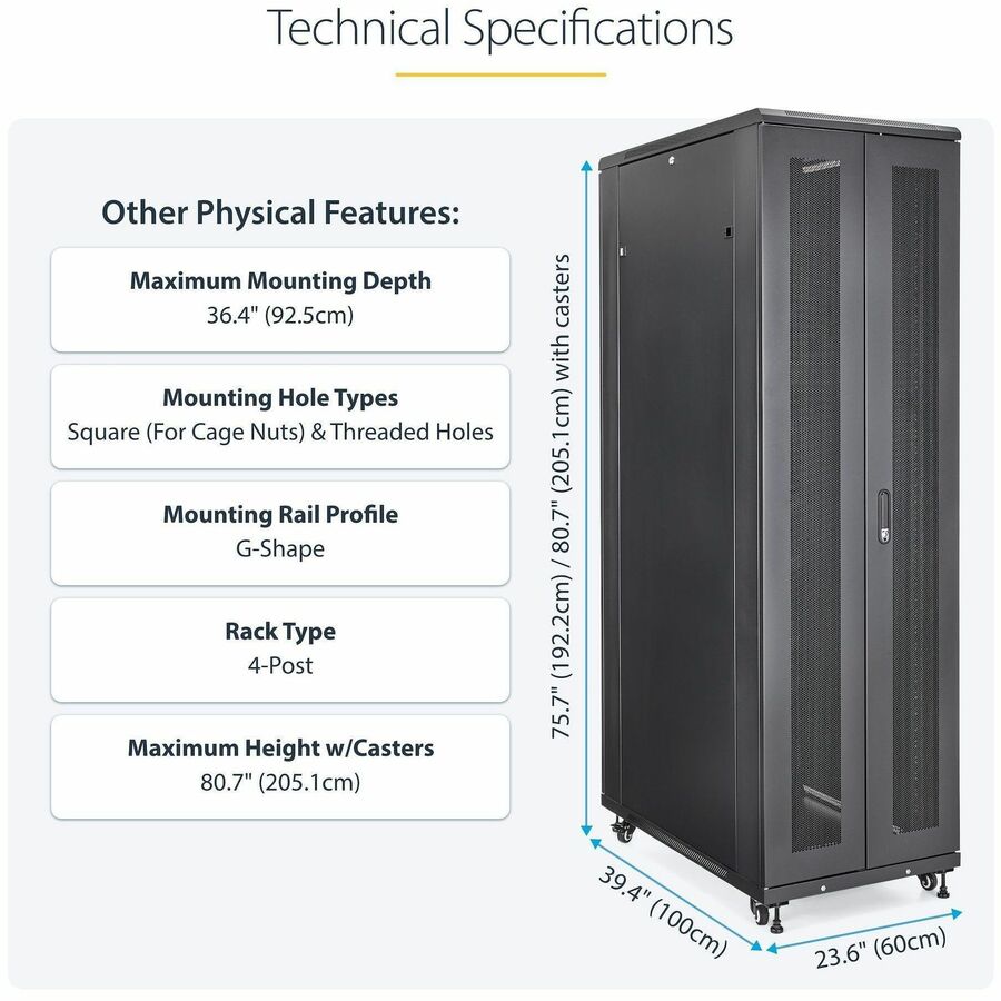 StarTech.com 4-Post 42U Server Rack Cabinet, 19" Data Rack Cabinet for Computer / IT Equipment mount, Rack Server Cabinet with Casters - Image 4