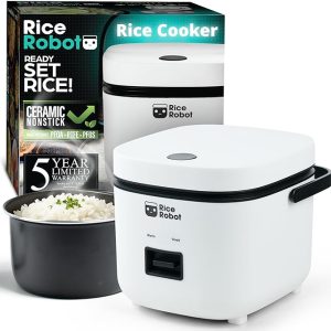 Rice Robot Personal Rice Cooker, PFAS-free, Nonstick. 1 Quart Capacity, with Stainless Steel Steamer Tray, Measuring Cups, Recipe Book with 60 Recipes, and Serving Spoon, As Seen On TV