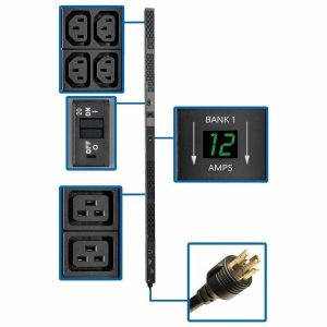 Eaton Tripp Lite Series 5.8kW Single-Phase Local Metered PDU, 200-240V Outlets (8 C19 and 40 C13), L6-30P, 10 ft. (3.05 m) Cord, 0U Vertical, TAA, 70 in.
